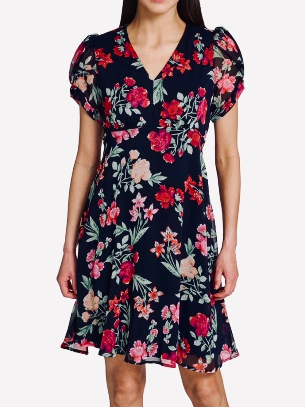 Calvin Klein Puff Sleeve V-neck Chiffon Dress Black Red Size 6